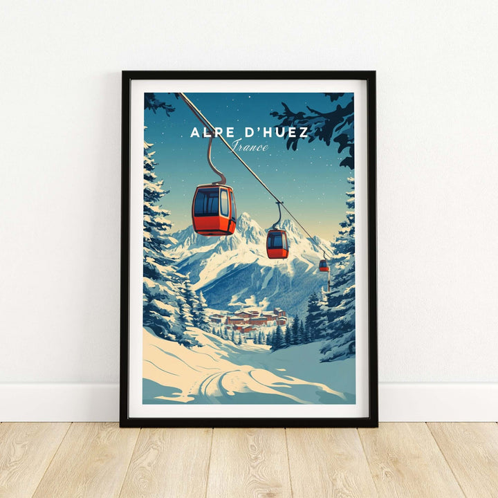 Alpe d'Huez print featuring a cable car and snow-covered mountains in France, perfect for home decor.