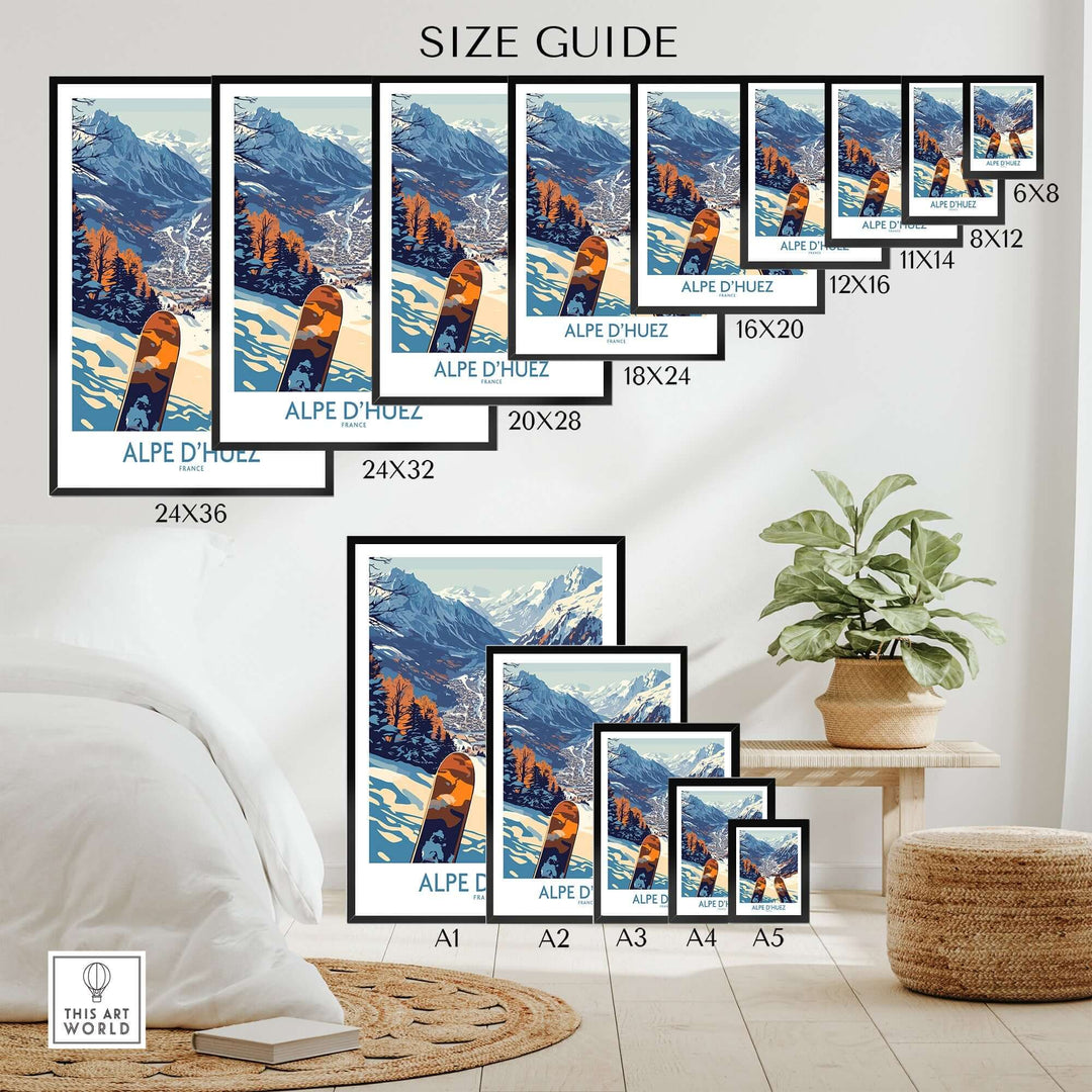 Size guide for Alpe d'Huez Ski Poster showcasing various frame sizes and beautiful mountain scenery.