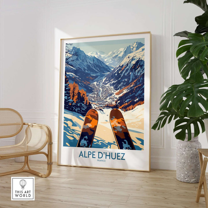 Alpe d'Huez ski poster showcasing breathtaking mountain view and skis, perfect for home decor inspired by French Alps skiing.