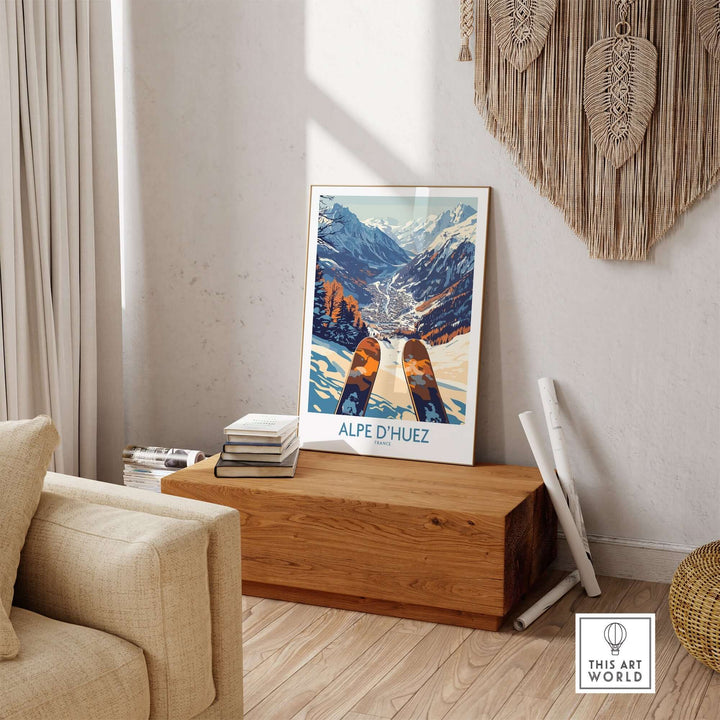 Alpe d'Huez Ski Poster displayed in a cozy living room setting, capturing the beauty of the French Alps.