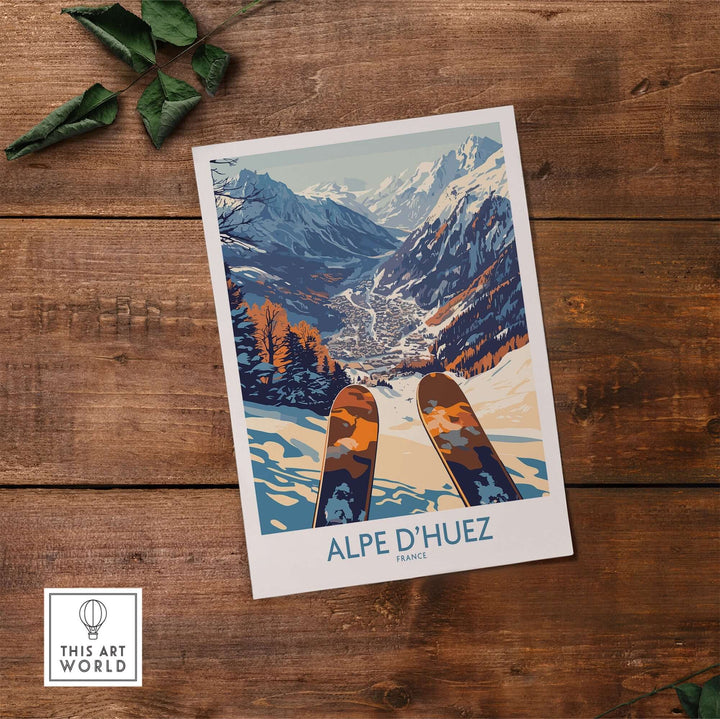 Alpe d'Huez ski poster showcasing breathtaking mountain views and ski equipment, perfect for ski enthusiasts and home decor.