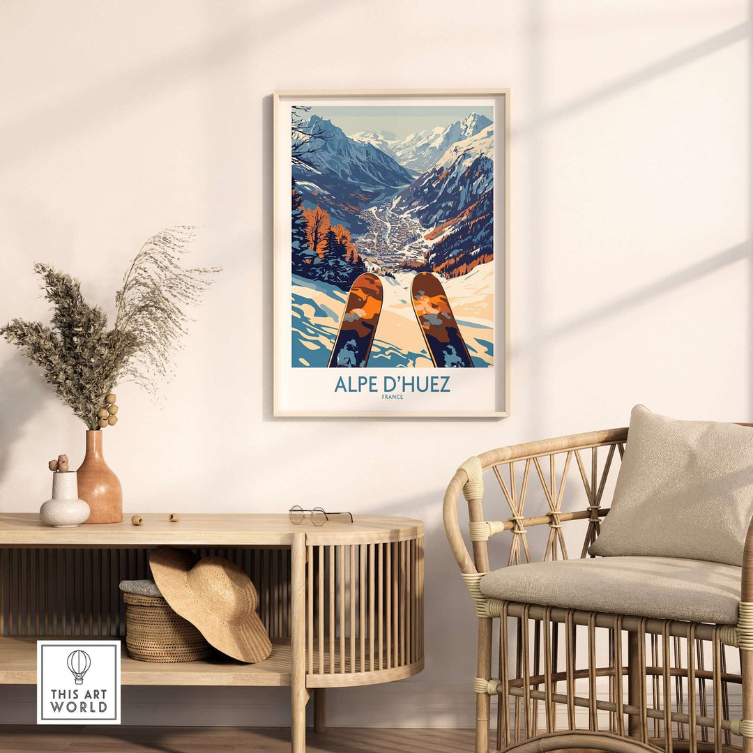 Alpe d'Huez ski poster featuring snowy mountains and skis, adding a touch of French Alps charm to home decor.