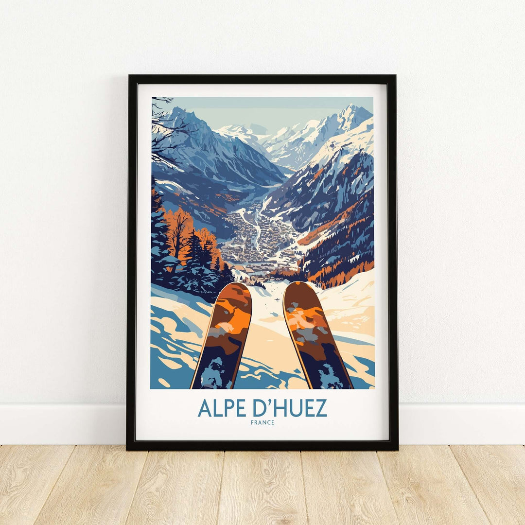 Alpe d'Huez ski poster showcasing a breathtaking view of the French Alps with vibrant ski equipment in the foreground.