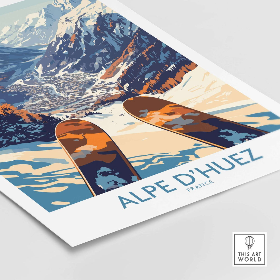 Alpe d'Huez ski poster featuring skis and a stunning mountain view in the French Alps, perfect for ski enthusiasts.