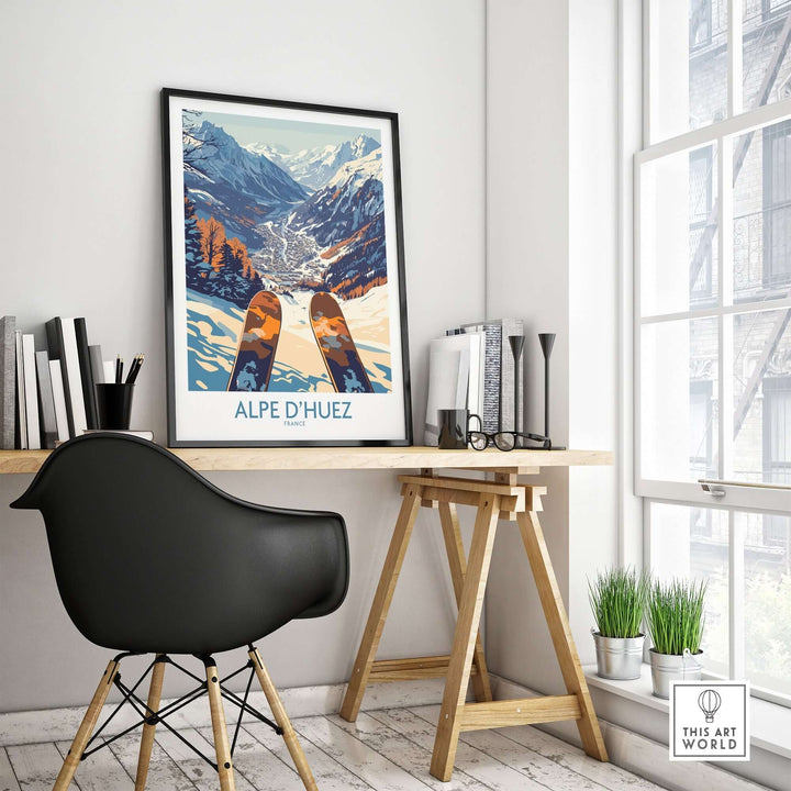 Alpe d'Huez ski poster displayed in a modern workspace with stylish furniture and natural light.