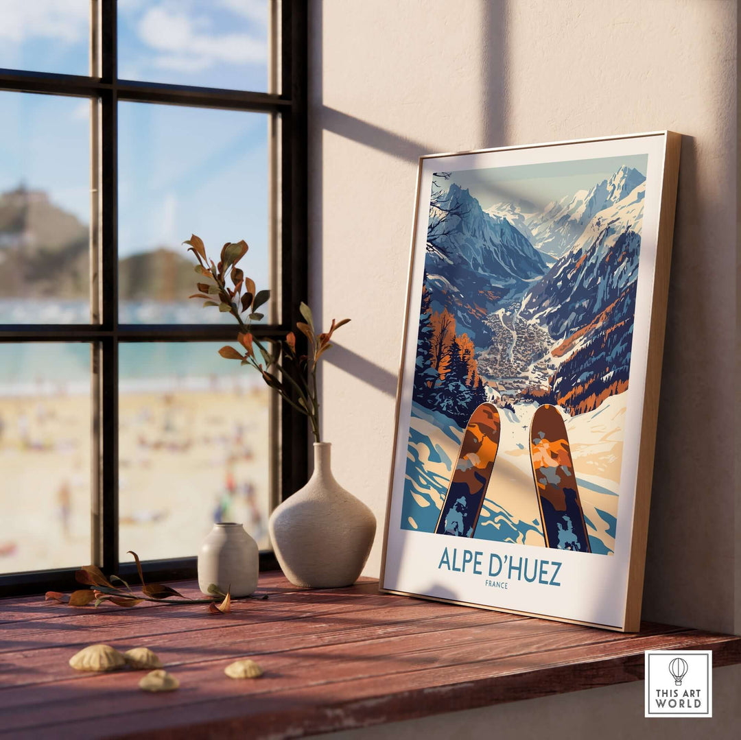 Alpe d'Huez ski poster displayed indoors, showcasing stunning alpine views and ski imagery, perfect for winter sports enthusiasts.