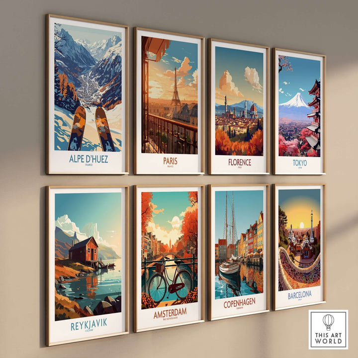 A collage of travel posters featuring Alpe d'Huez, Paris, Florence, Tokyo, Reykjavik, Amsterdam, Copenhagen, and Barcelona.