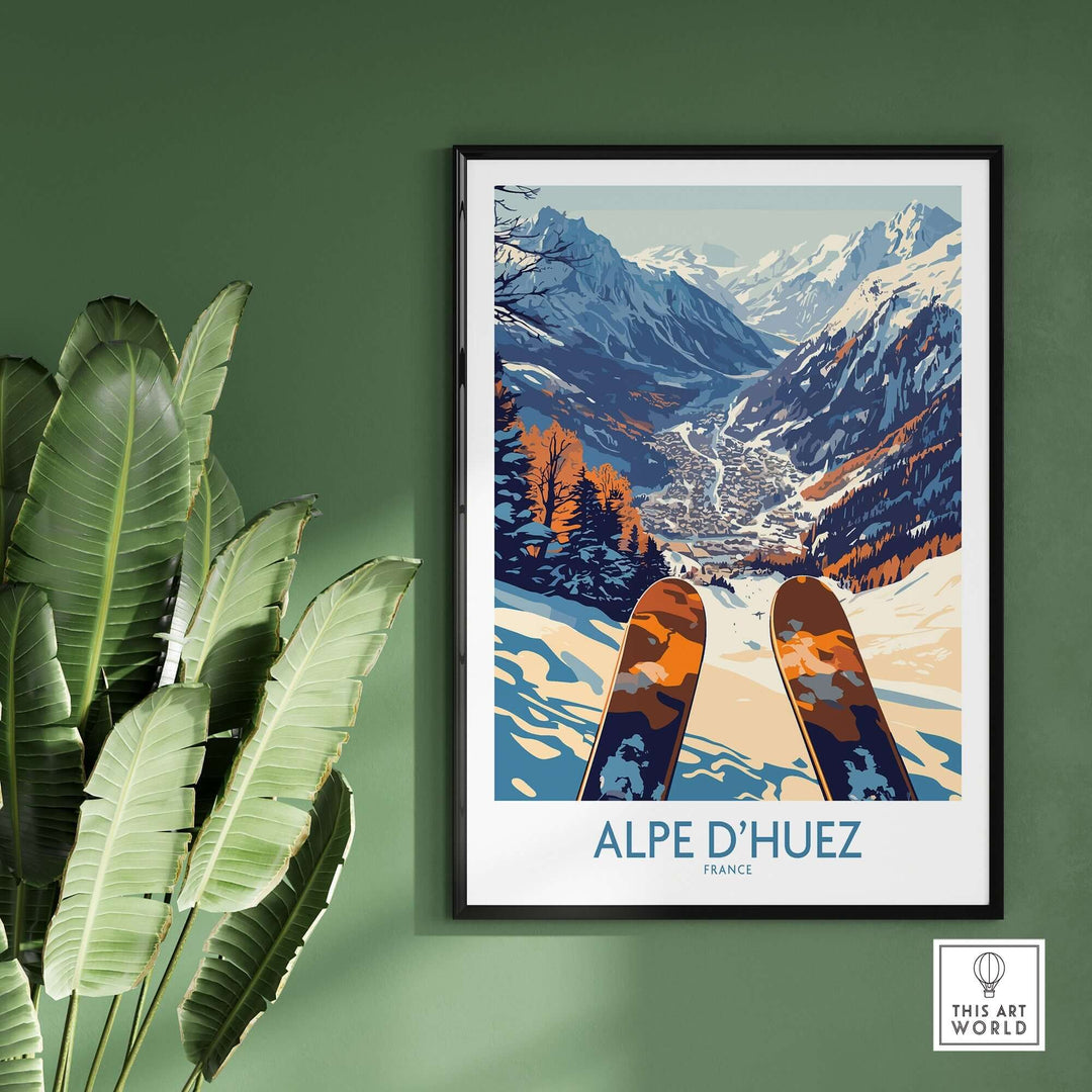 Alpe d'Huez Ski Poster showcasing a stunning winter landscape and ski gear, capturing the essence of French Alps skiing.