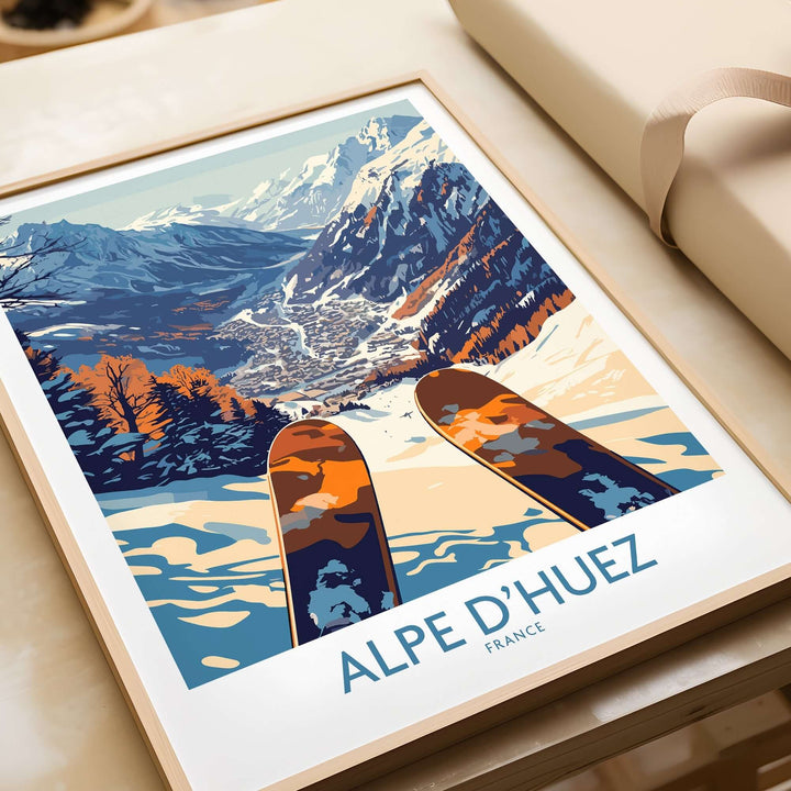 Alpe d'Huez ski poster featuring a scenic view of the French Alps with skis in foreground and vibrant colors.