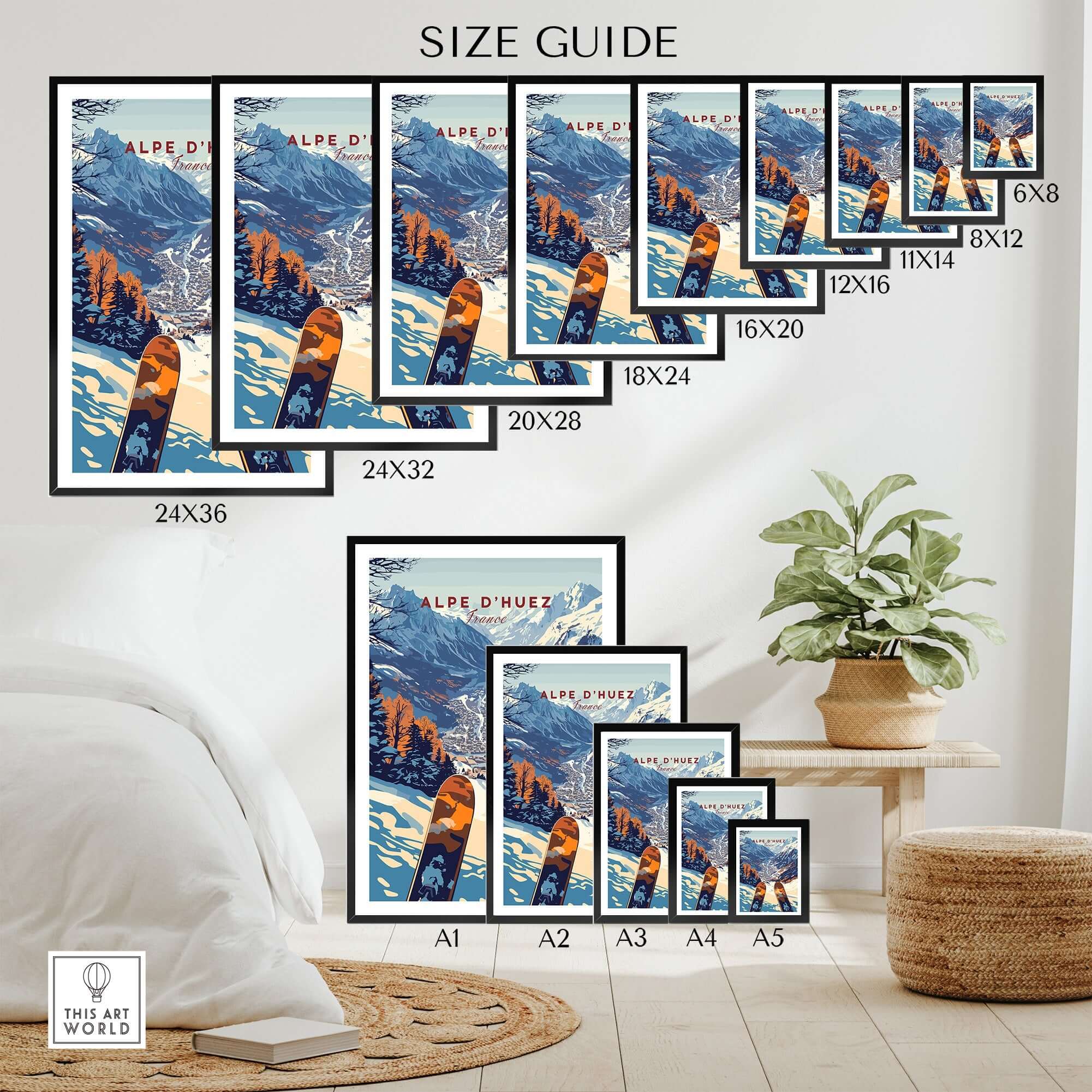 Alpe d'Huez Ski Print size guide showcasing various frame sizes displayed in a home setting. Perfect for ski enthusiasts.