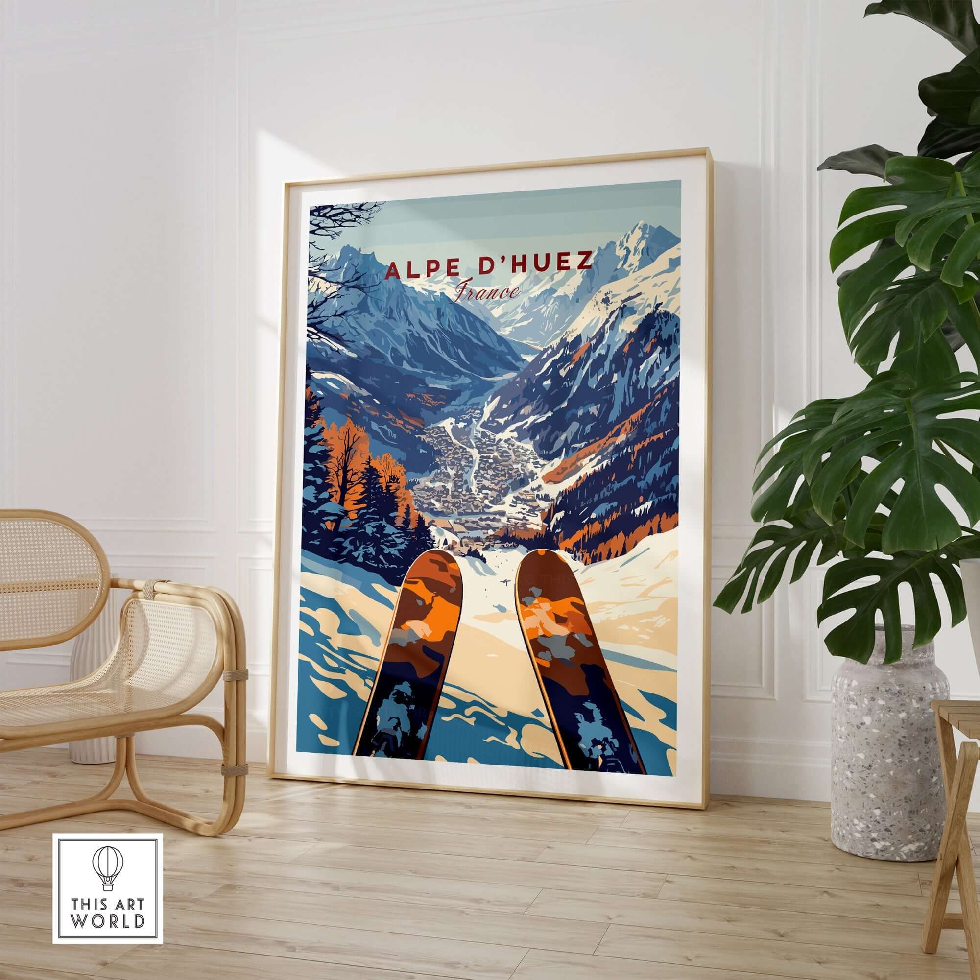 Alpe d'Huez ski print showcasing a scenic view of the French Alps with skis in front, perfect for ski enthusiasts' decor.