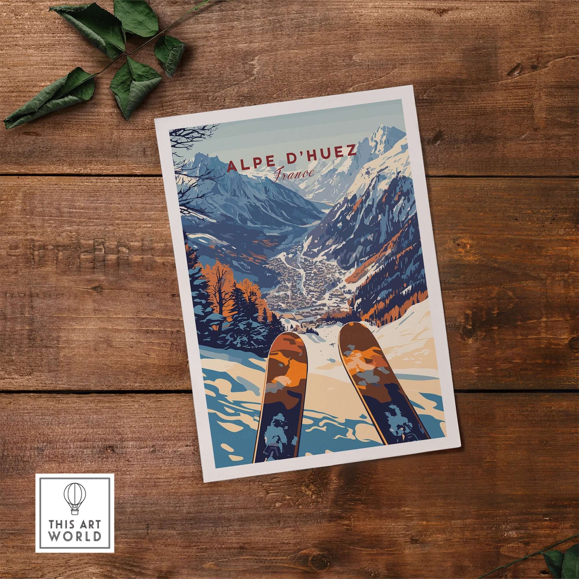 Alpe d'Huez Ski Print showcasing a stunning view of the French Alps and ski equipment for winter sports enthusiasts.