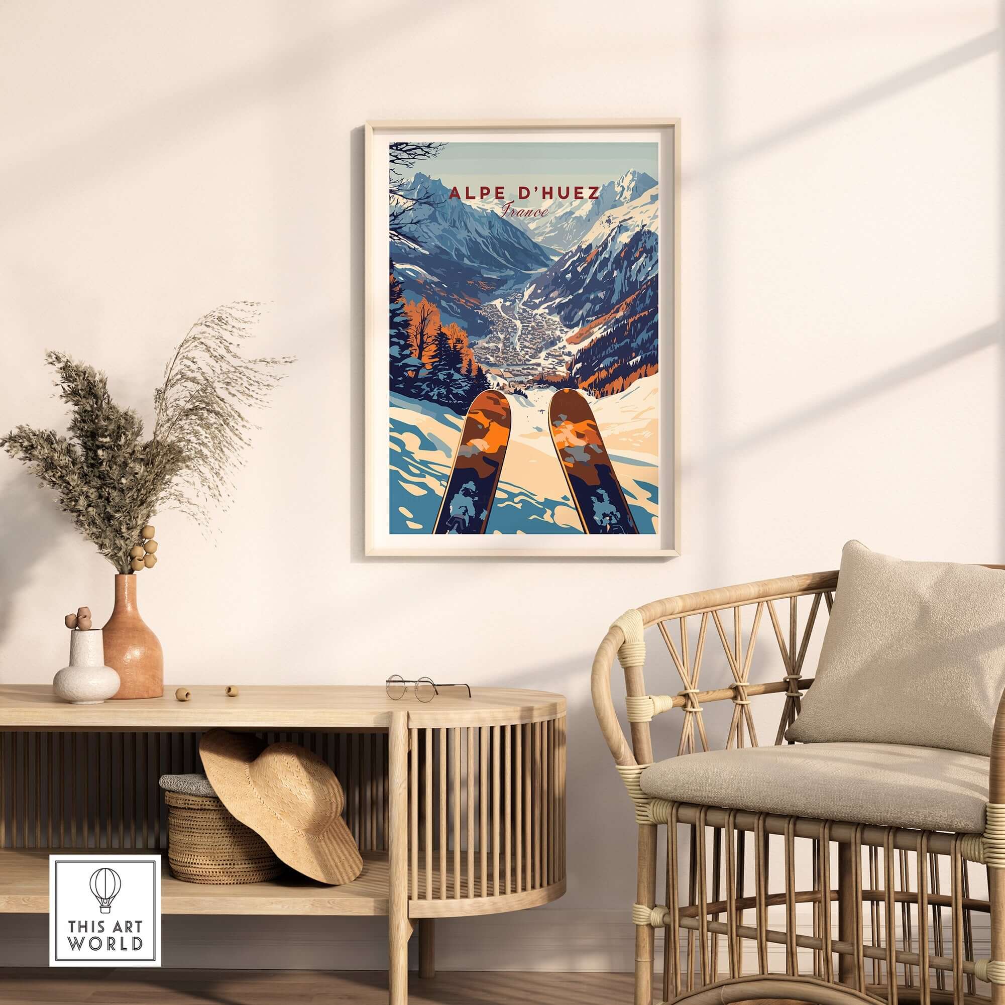 Alpe d'Huez Ski Print showcasing snowy mountains and skis, perfect decor for ski enthusiasts and adventure lovers.