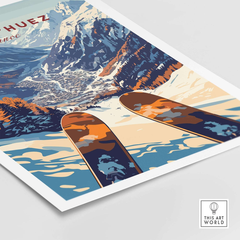 Alpe d'Huez Ski Print showcasing colorful skis in front of a stunning French Alps landscape, perfect for ski enthusiasts.