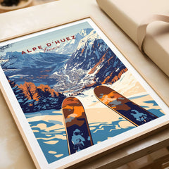 Alpe d'Huez Ski Print featuring vibrant colors and a stunning view of the French Alps and ski slopes. Perfect for home decor.