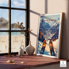 Alpe d'Huez ski print framed on a sunny windowsill, showcasing the beauty of skiing in the French Alps.
