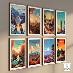 Wall display of city and ski prints including Alpe d'Huez, Paris, Barcelona, London, Amsterdam, Florence, Tokyo, and Angkor Wat.