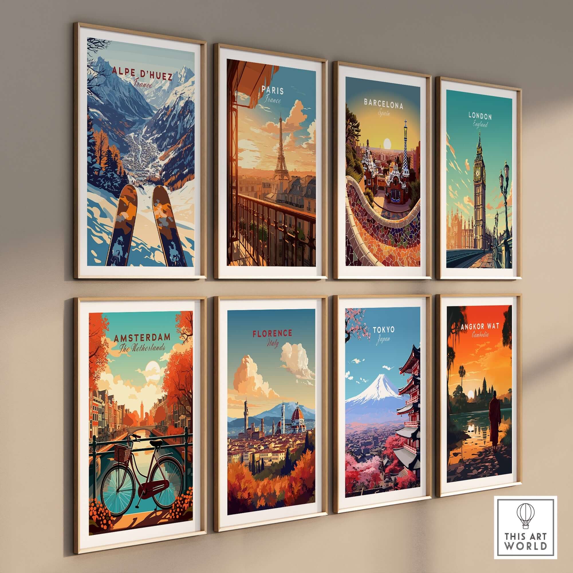 Wall display of city and ski prints including Alpe d'Huez, Paris, Barcelona, London, Amsterdam, Florence, Tokyo, and Angkor Wat.