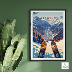 Alpe d'Huez ski print showcasing a scenic view of the French Alps with ski tracks, perfect for home decor and ski enthusiasts.