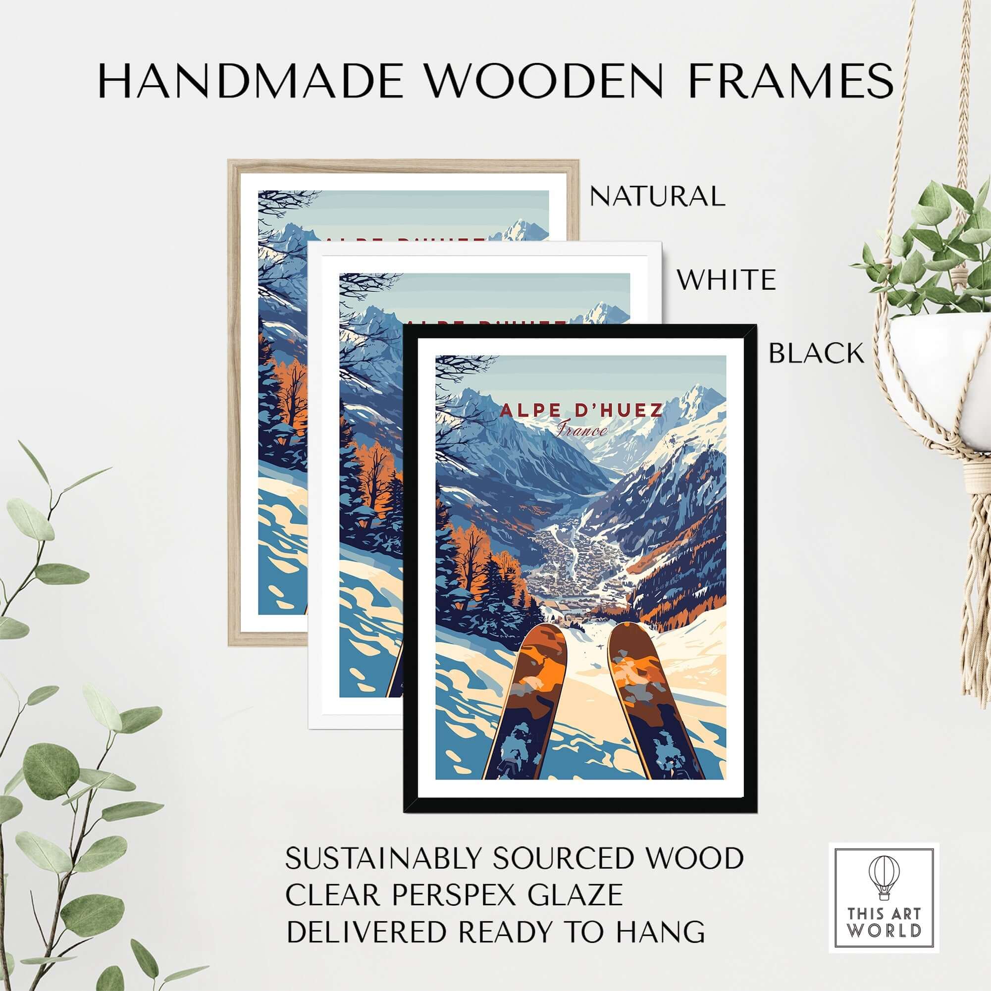 Handmade wooden frames for Alpe d'Huez ski print in natural, white, and black, crafted from sustainably sourced wood.
