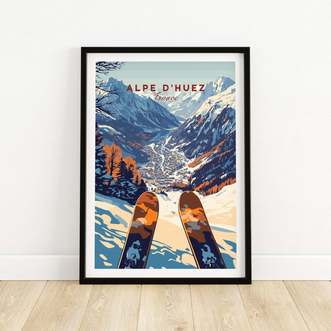 Alpe d'Huez ski print showcasing stunning mountain views and colorful skis, perfect for home decor and ski enthusiasts.