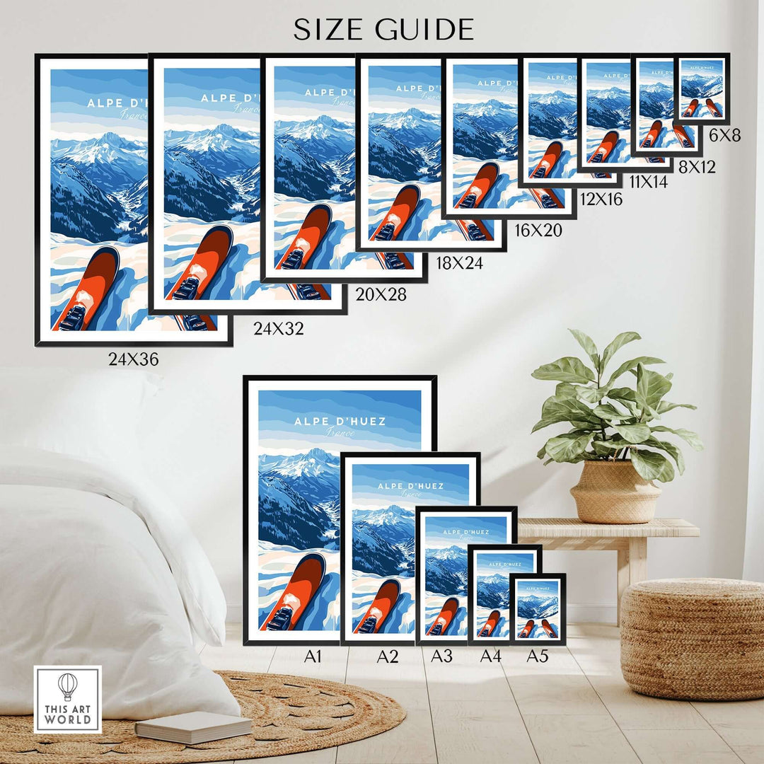 Alpe d'Huez wall art size guide showcasing various frame sizes in a cozy living space with mountain decor.