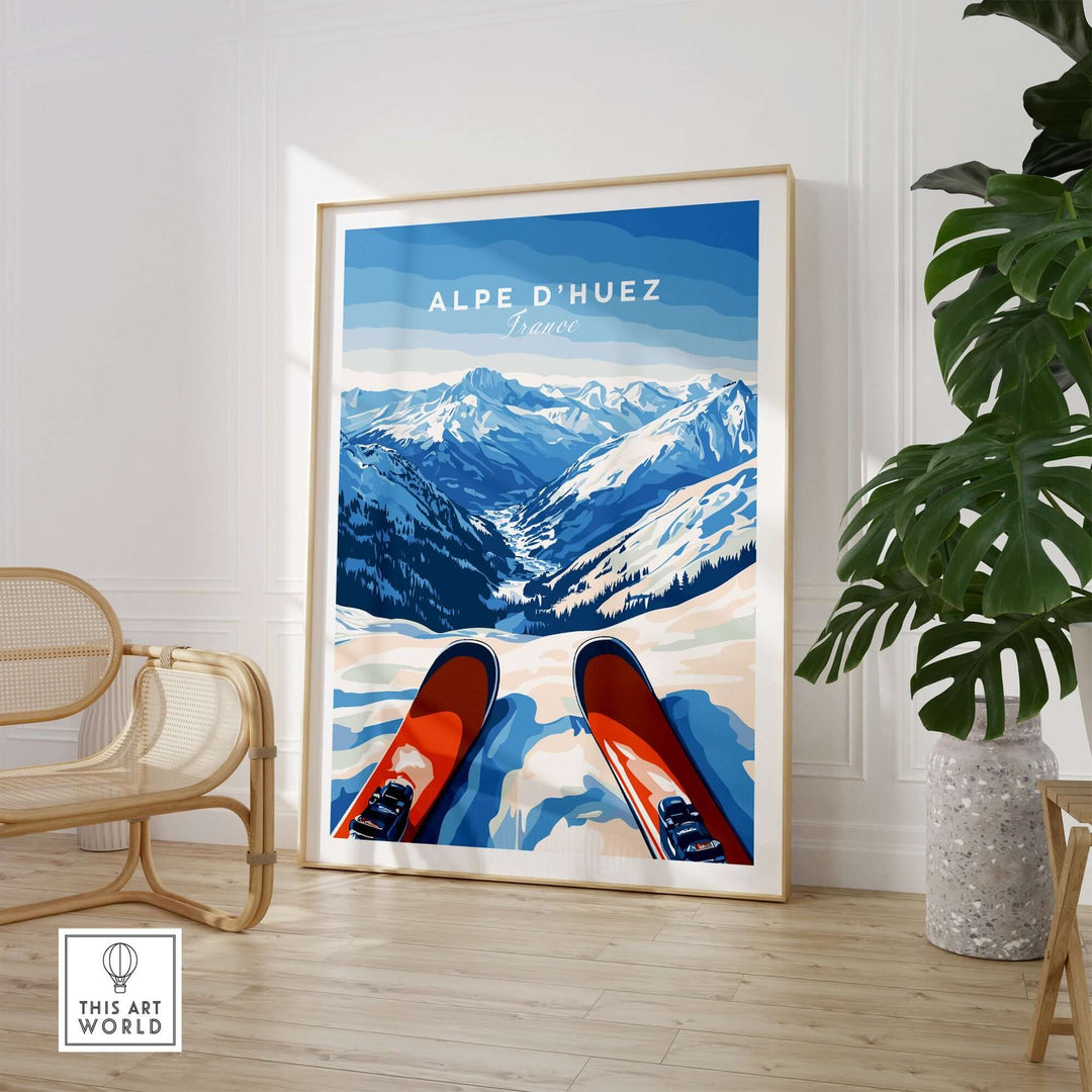 Alpe d'Huez wall art showcasing a snowy mountain landscape with red skis in the foreground, perfect for home decor.