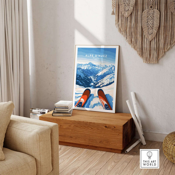 Alpe d'Huez wall art showcasing scenic mountains and skis, perfect for enhancing any interior space with elegance.