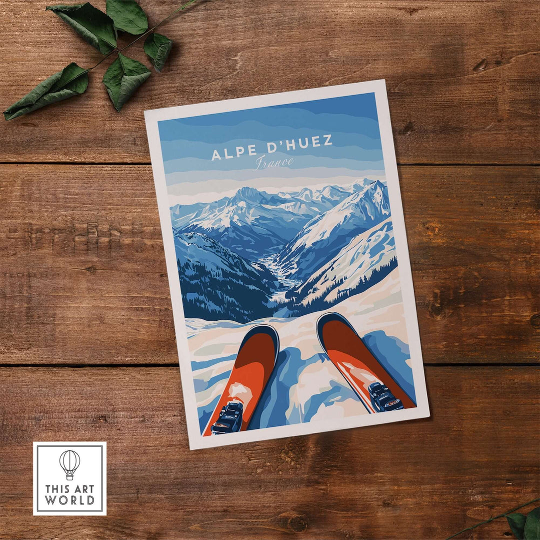 Alpe d'Huez wall art featuring snowy mountains and ski gear, perfect for adding elegance to home decor.