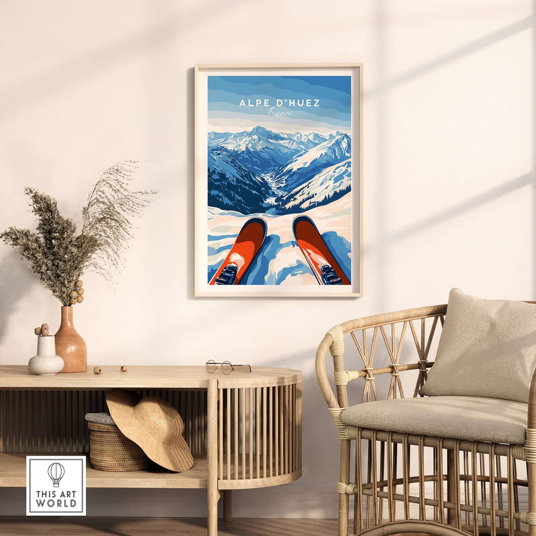 Alpe d'Huez wall art featuring snowy mountains and skis, adding elegance to any living space.