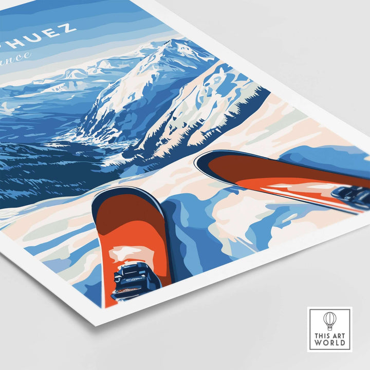 Alpe d'Huez Wall Art depicting snowy mountains and skis, adding elegance and inspiration to any room.