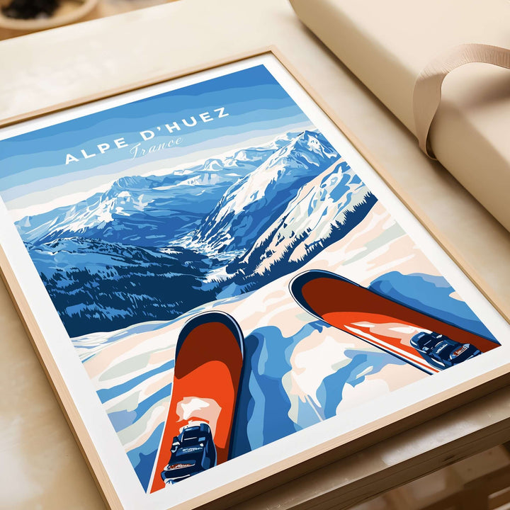 Alpe d'Huez wall art showcasing a stunning mountain landscape and ski gear, perfect for adding elegance to your home decor.