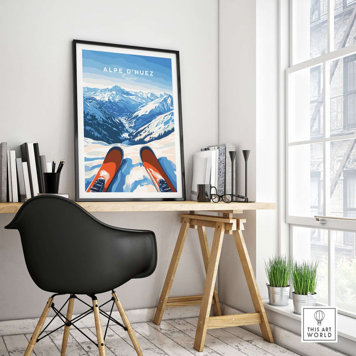 Alpe d'Huez Wall Art displayed in a modern room with a desk and chair, showcasing a stunning mountain landscape.