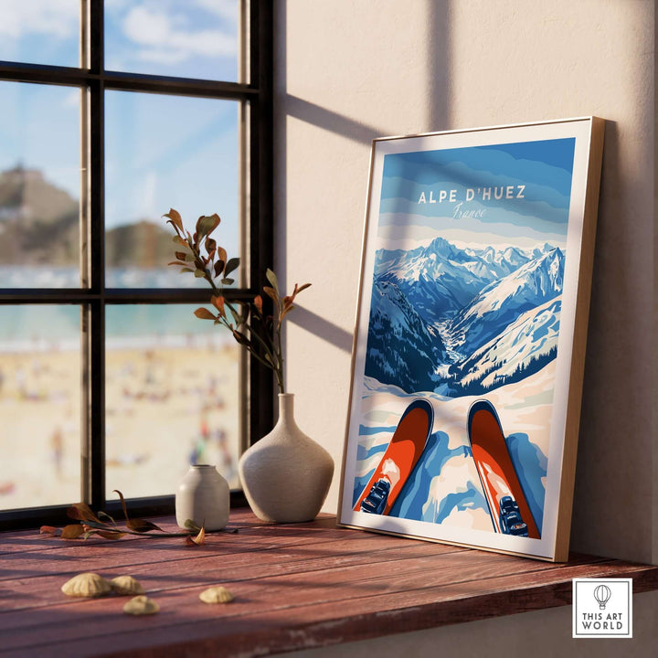 Alpe d'Huez wall art displaying a picturesque mountain landscape with skis, perfect for home decor inspiration.