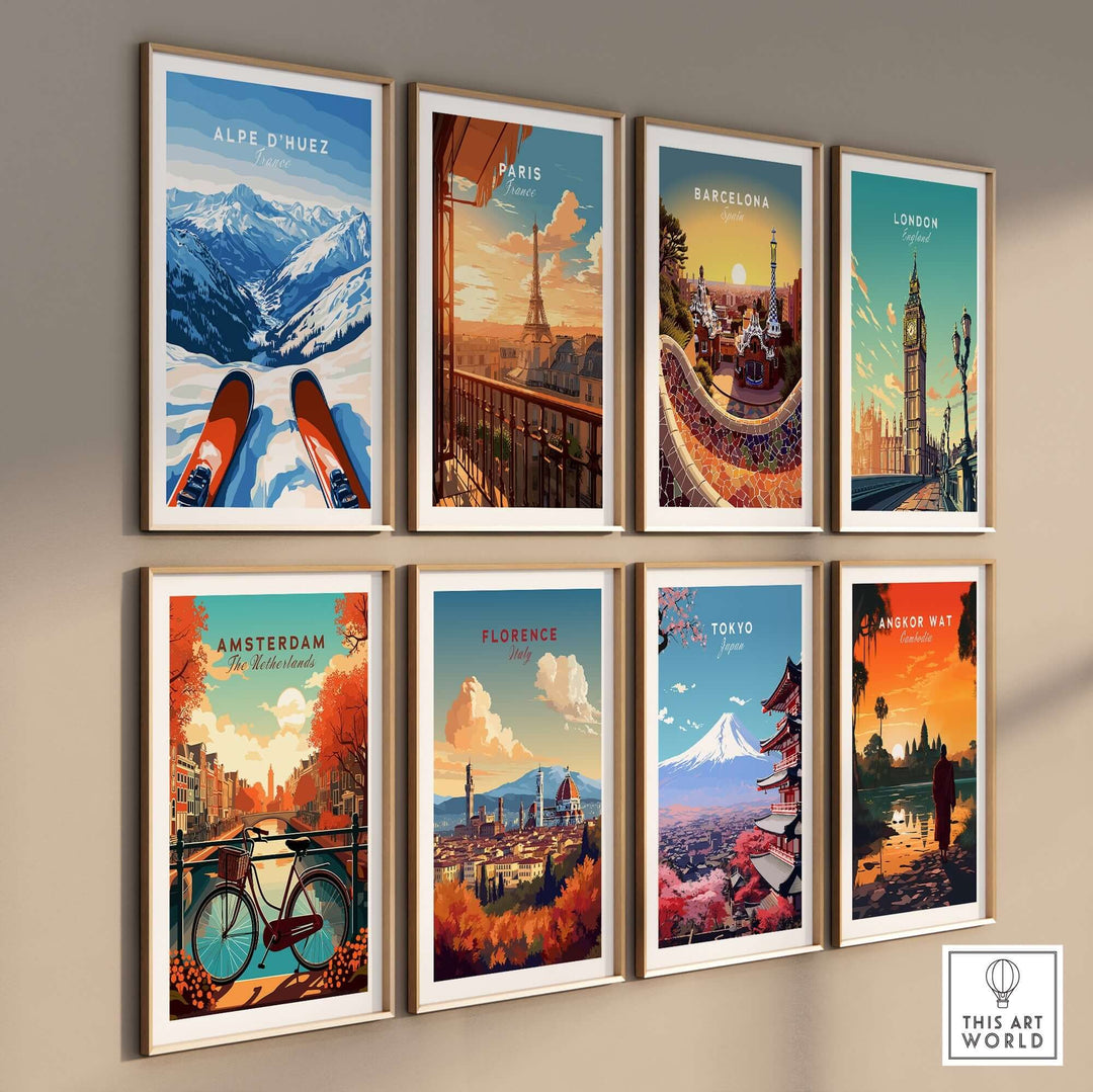 Alpe d'Huez wall art featuring scenic landscapes alongside iconic city prints from Paris, Barcelona, London, and more.