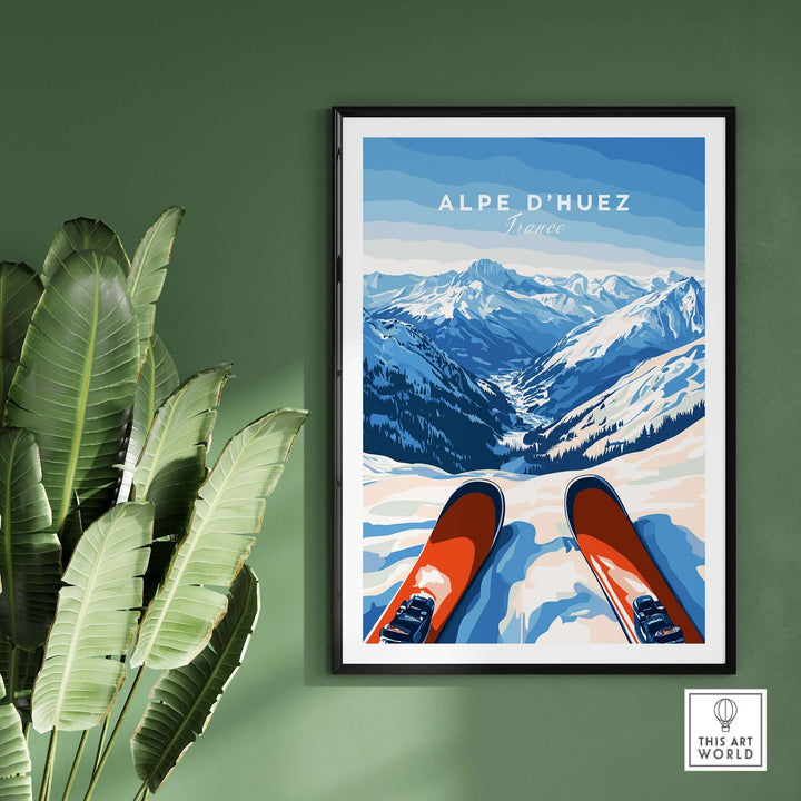 Alpe d'Huez wall art featuring snowy mountains and skis, perfect for transforming your space with elegance and inspiration.