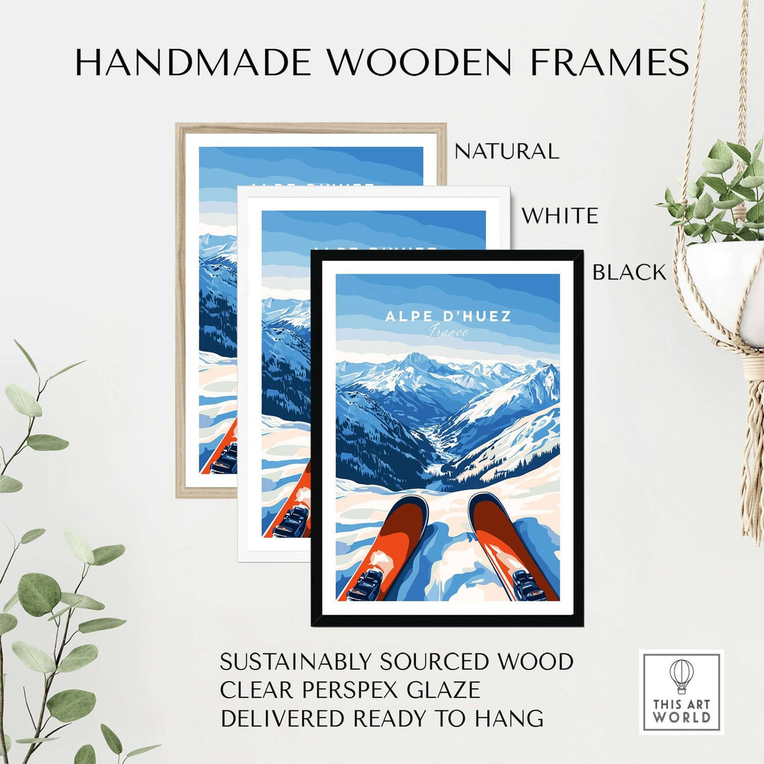 Alpe d'Huez wall art in handmade wooden frames: natural, white, and black options displayed with skiing scene.