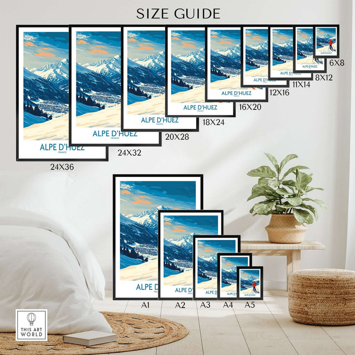 Size guide for Alpe d'Huez Wall Art Ski Poster showcasing various frame sizes in a cozy home setting.