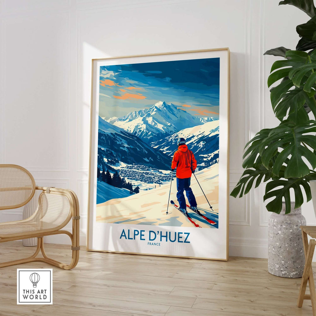 Alpe d'Huez wall art ski poster featuring a skier on a snowy slope in the French Alps, enhancing home decor for ski lovers.