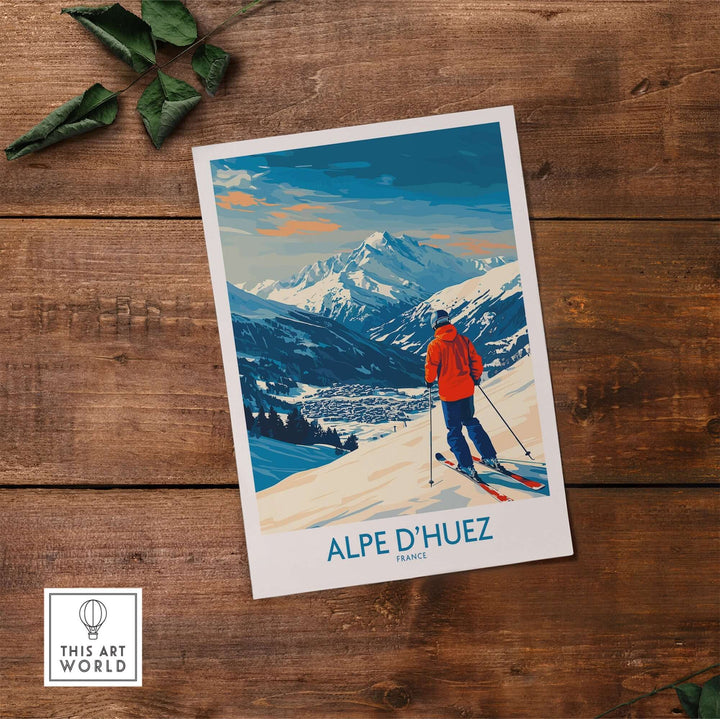 Alpe d'Huez ski poster featuring a skier on a snowy mountain with vibrant colors and beautiful alpine scenery.