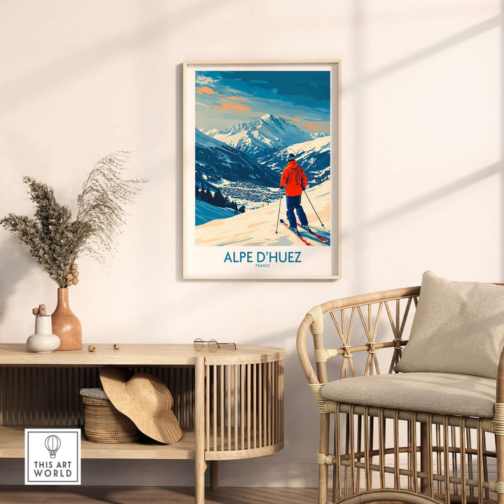 Alpe d'Huez wall art ski poster featuring a skier against a snowy mountain backdrop, enhancing home decor for ski enthusiasts.