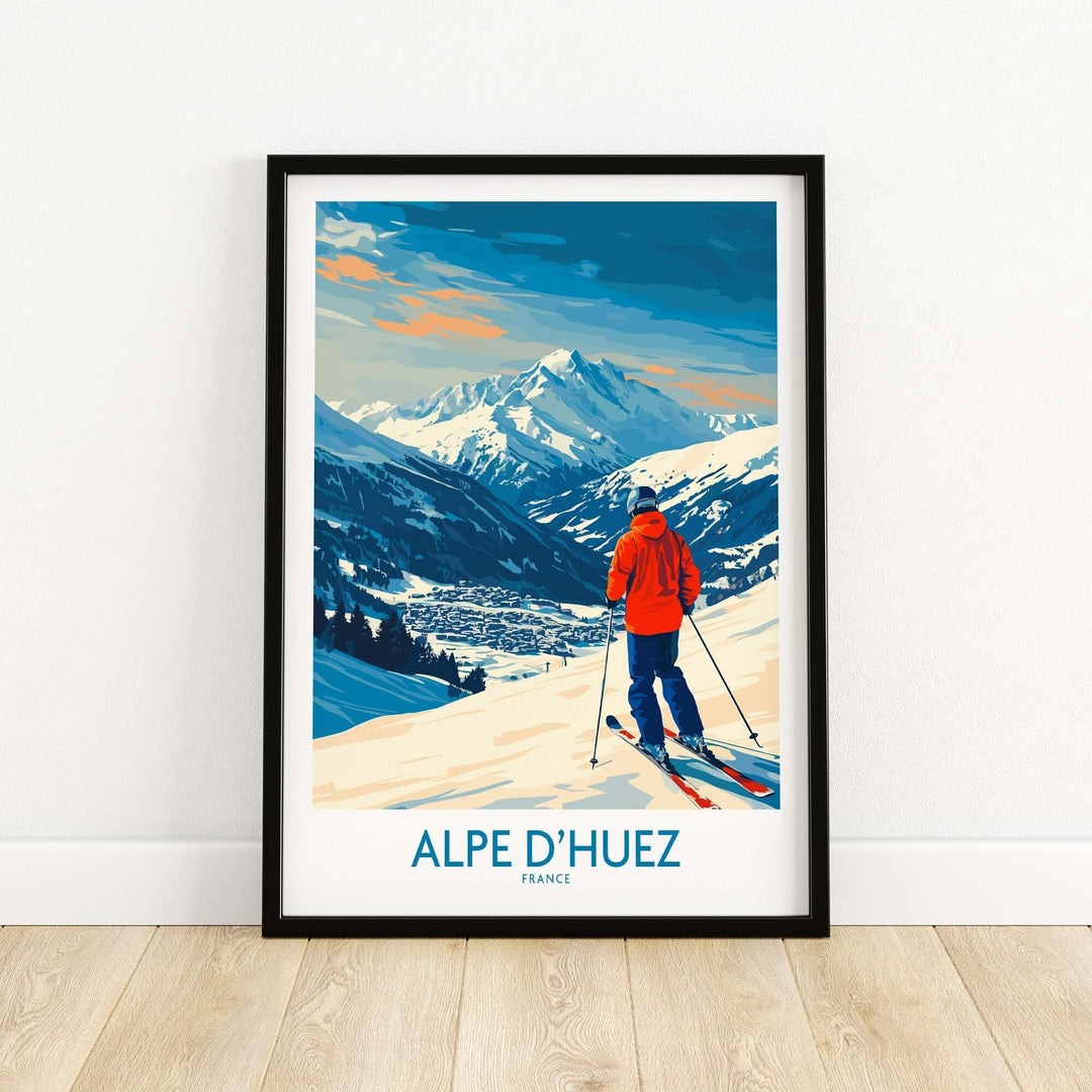 Alpe d'Huez wall art ski poster featuring a skier in the French Alps with vibrant colors and stunning mountain views.