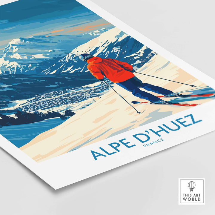 Alpe d'Huez Wall Art Ski Poster featuring a skier in vibrant orange against the stunning French Alps landscape.