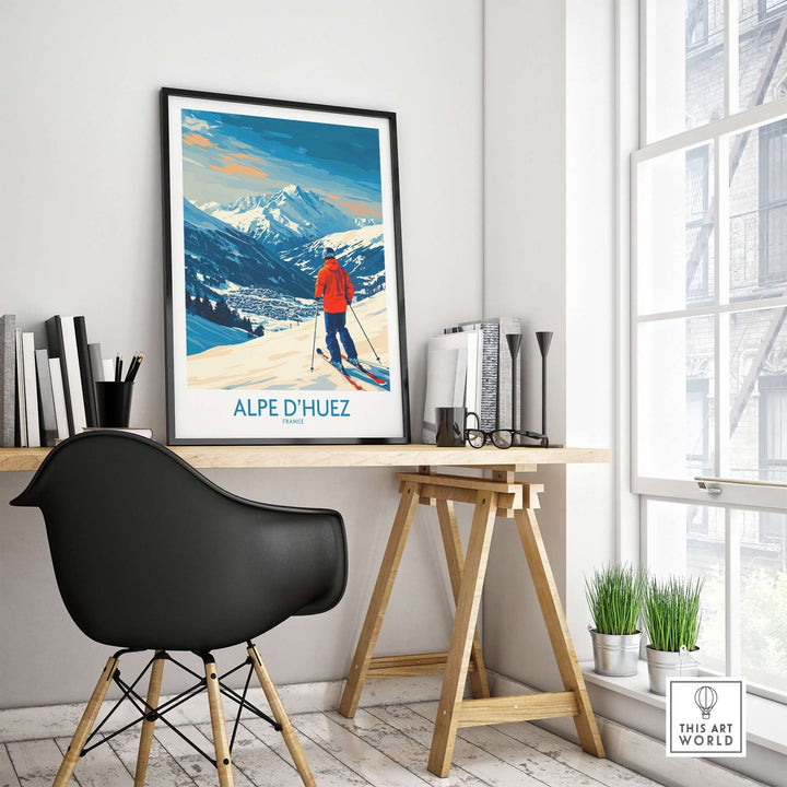 Alpe d'Huez ski poster showcased in a stylish home office setting with modern decor.