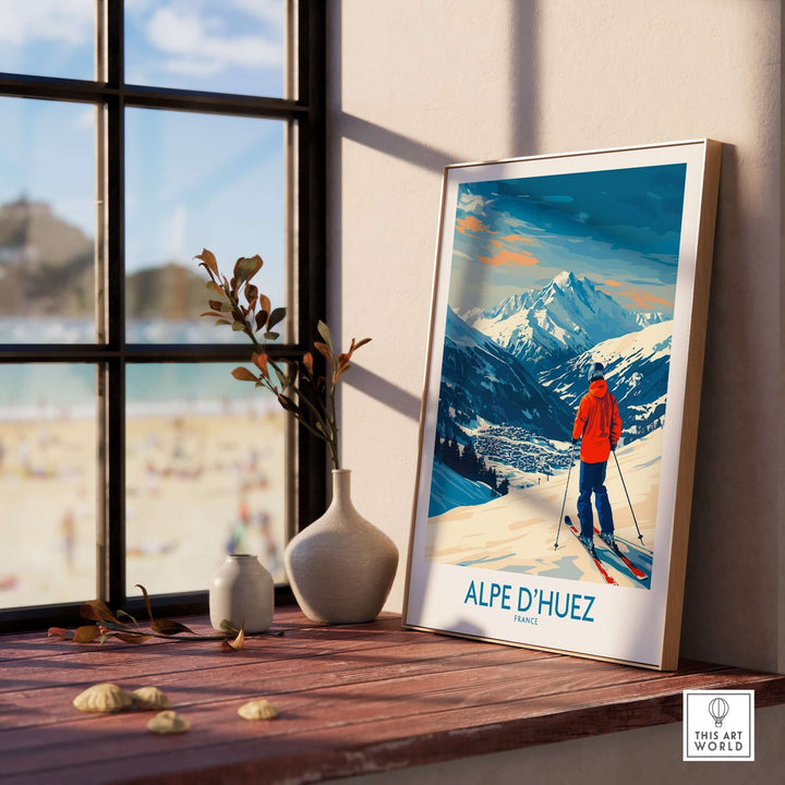 Alpe d'Huez Wall Art Ski Poster featuring a skier against a stunning alpine backdrop, perfect for home decor.