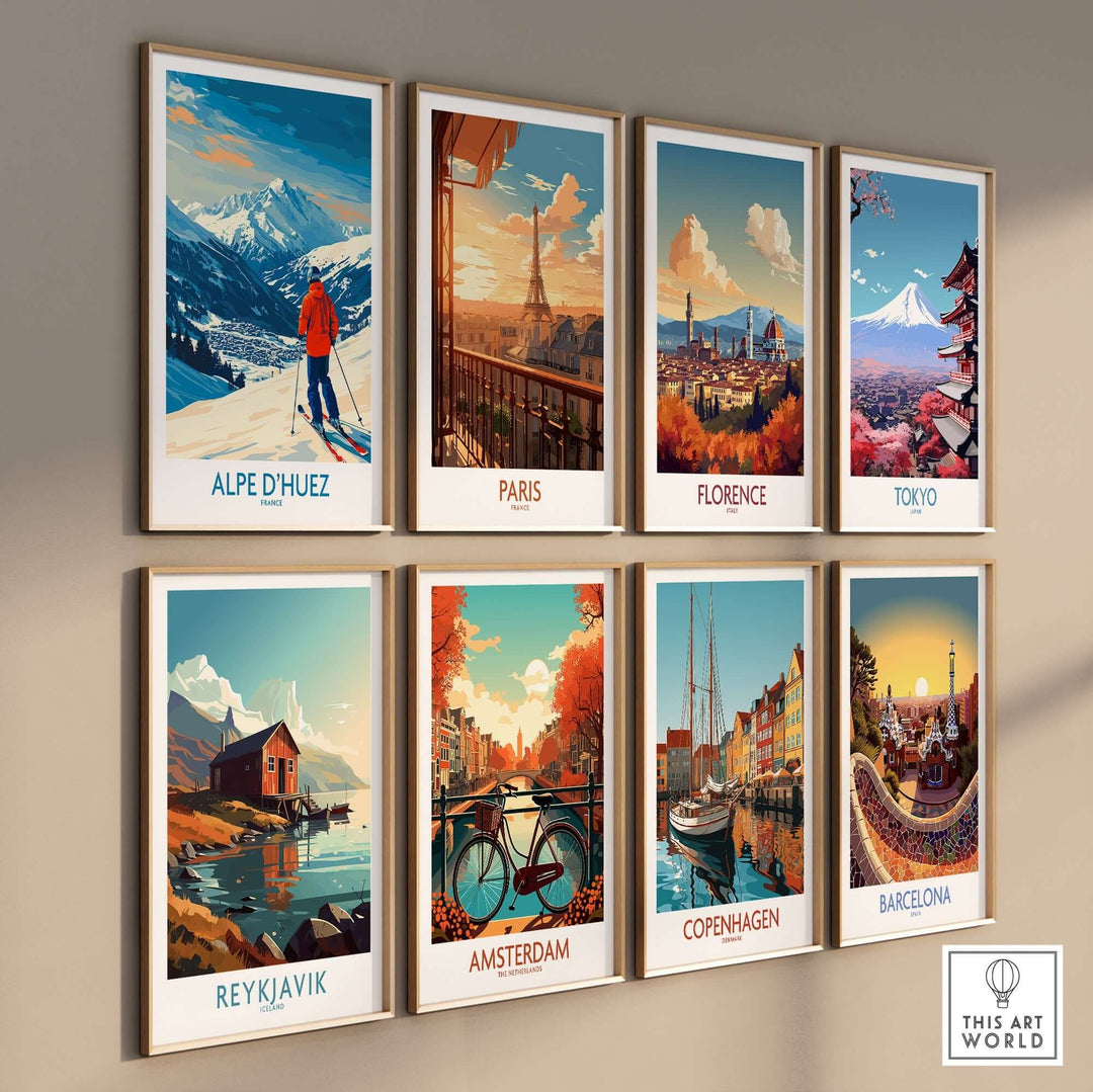 Alpe d'Huez Wall Art Ski Poster alongside vibrant cityscape posters of Paris, Florence, Tokyo, and more.