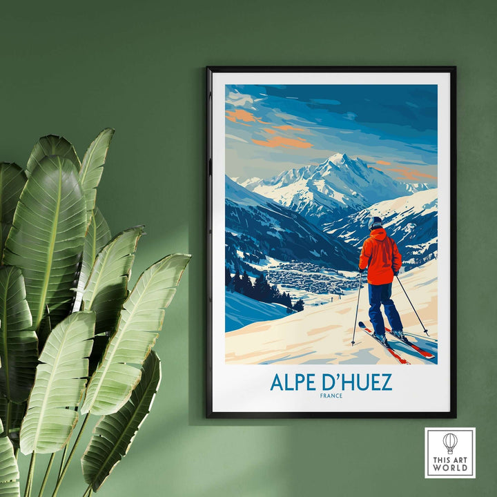 Alpe d'Huez ski poster featuring a skier with stunning mountain backdrop, ideal for home decor and ski enthusiasts.