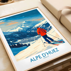 Alpe d'Huez Wall Art Ski Poster featuring a skier in the French Alps, perfect for ski enthusiasts' home decor.