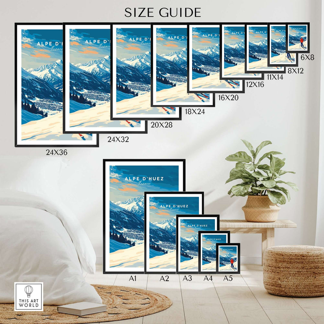 Alpe d'Huez wall art size guide showcasing various print sizes in a home setting with mountain views.