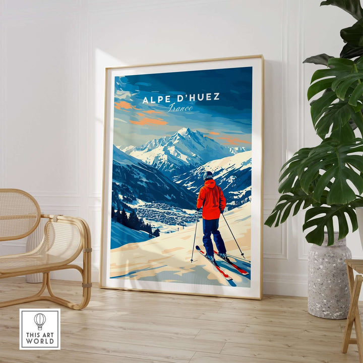 Alpe d'Huez wall art ski print featuring a skier overlooking breathtaking mountain views in a stylish interior setting.